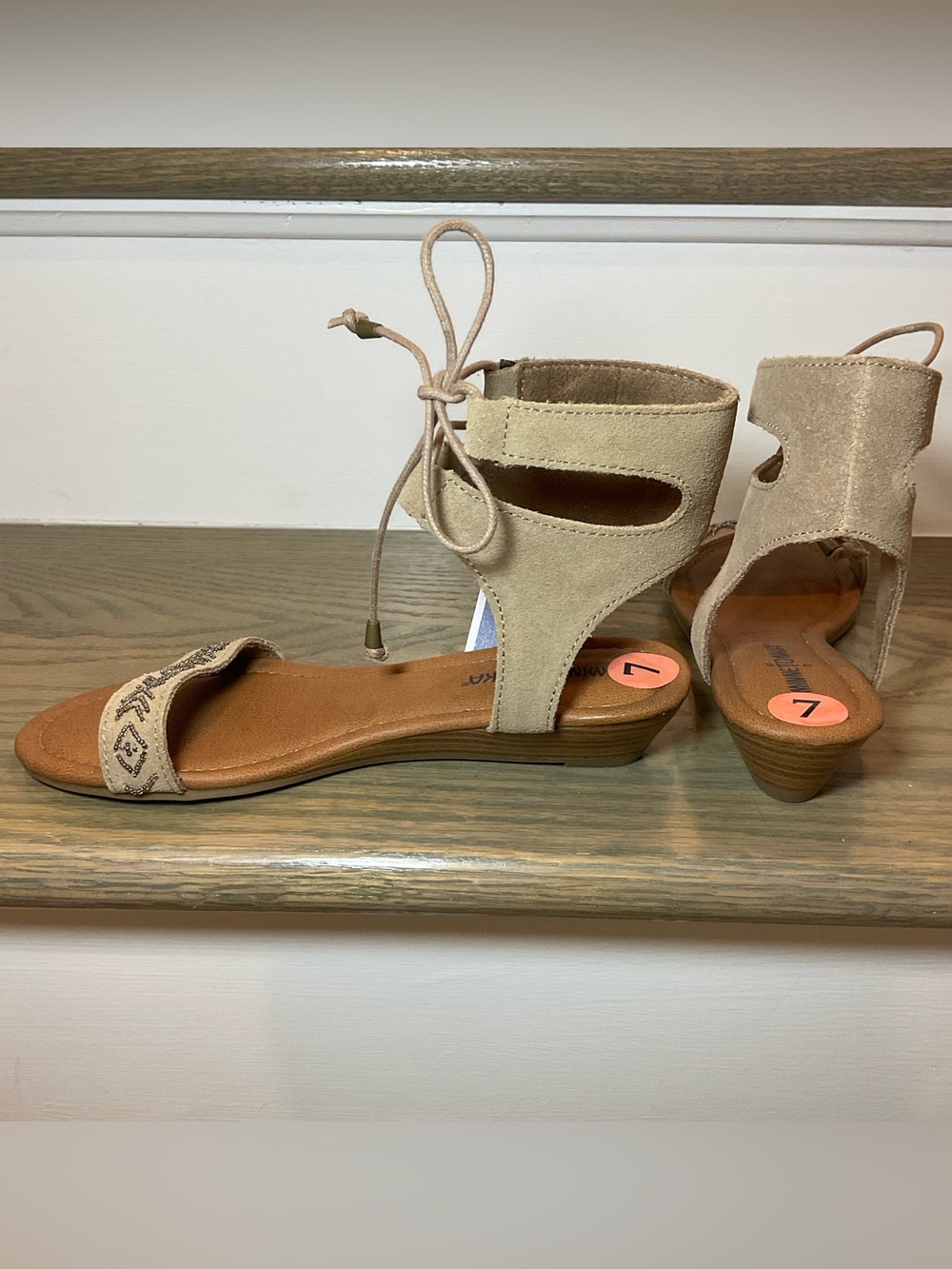 Minnetonka Taupe Suede Embroidered Lace-Up Ankle Sandal (7) - Picture 7 of 12